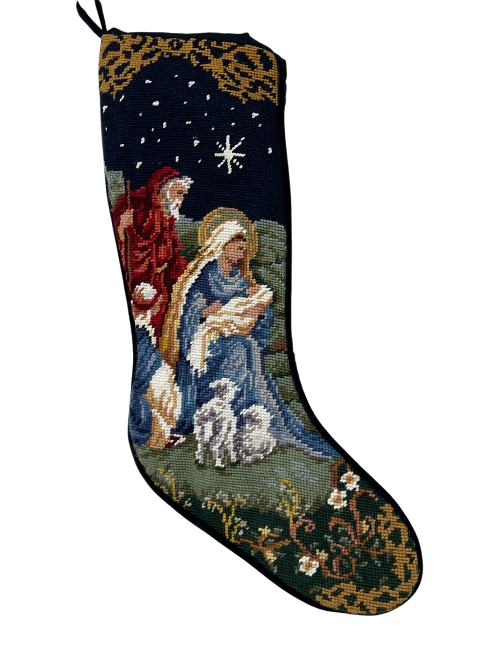 Nativity Needlepoint Christmas Stocking Velvet Back Religious Holiday Decor